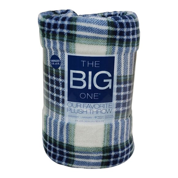 The Big One Navy Green Plaid Oversized Plush Throw Blanket 5x6 Ft Soft Polyester - Picture 9 of 9